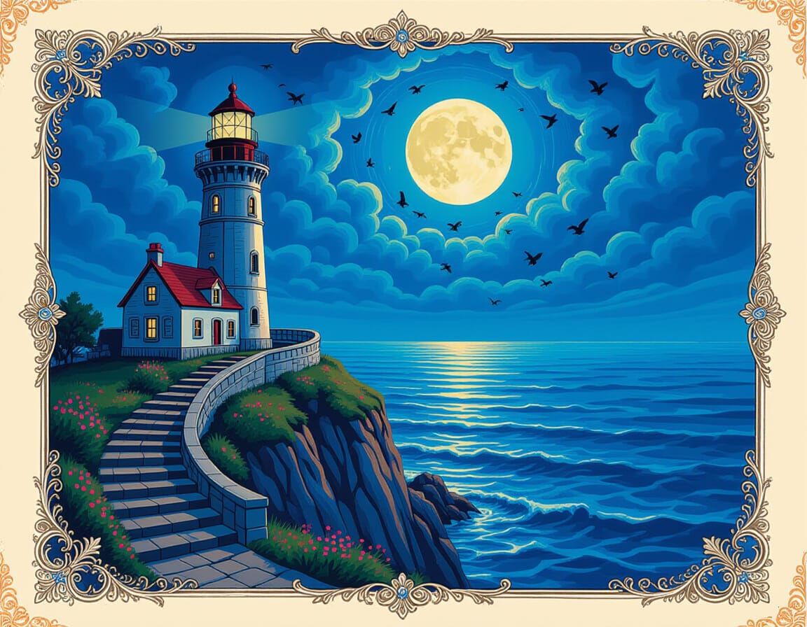 Gothic Lighthouse with Chalk Strokes and Blue Butterflies