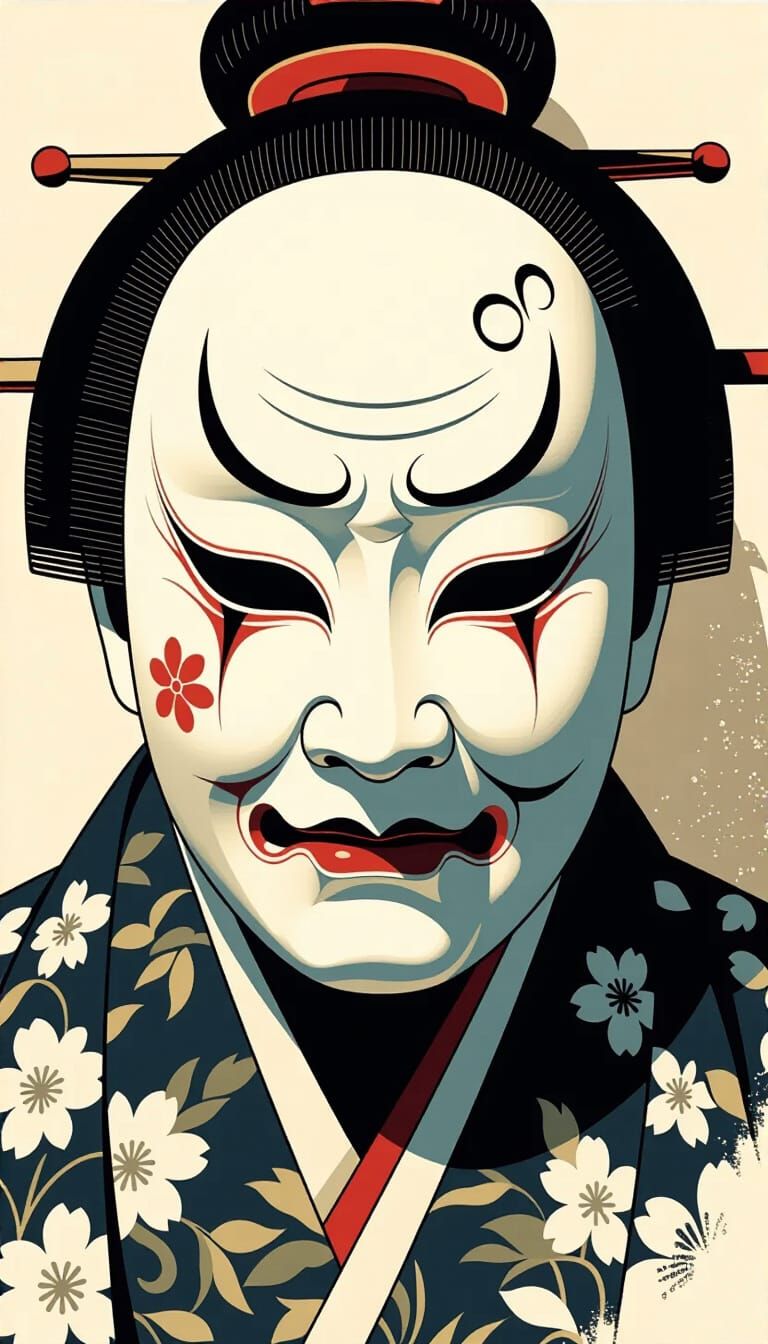 Ghostly Noh Mask in Dim Theatrical Setting