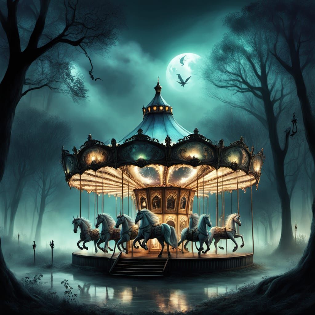 Spooky Carousel in Misty Forest at Twilight