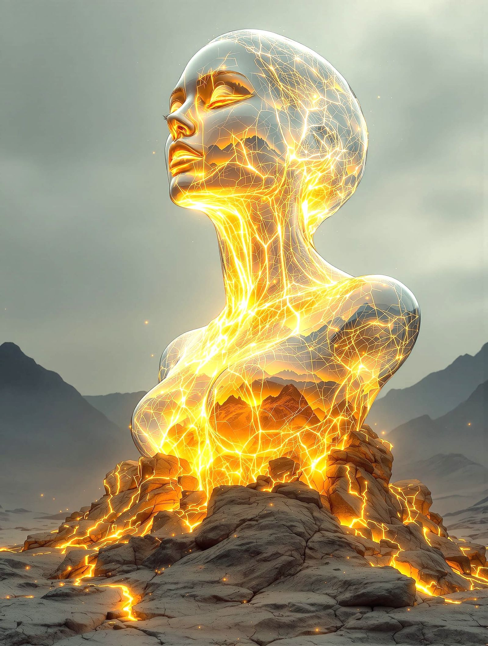 Colossal Glass Bust of Serene Woman with Inner Fire