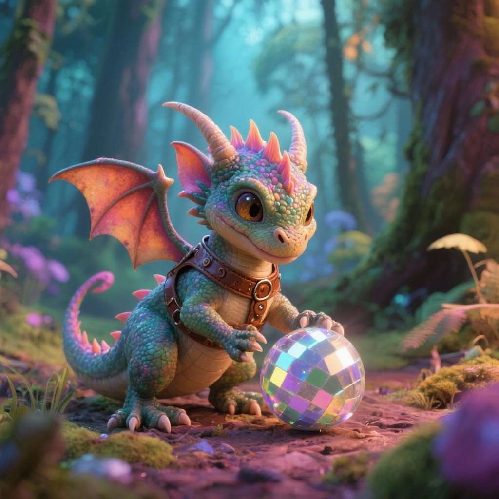 Baby Dragon with Shimmering Ball in Whimsical Forest