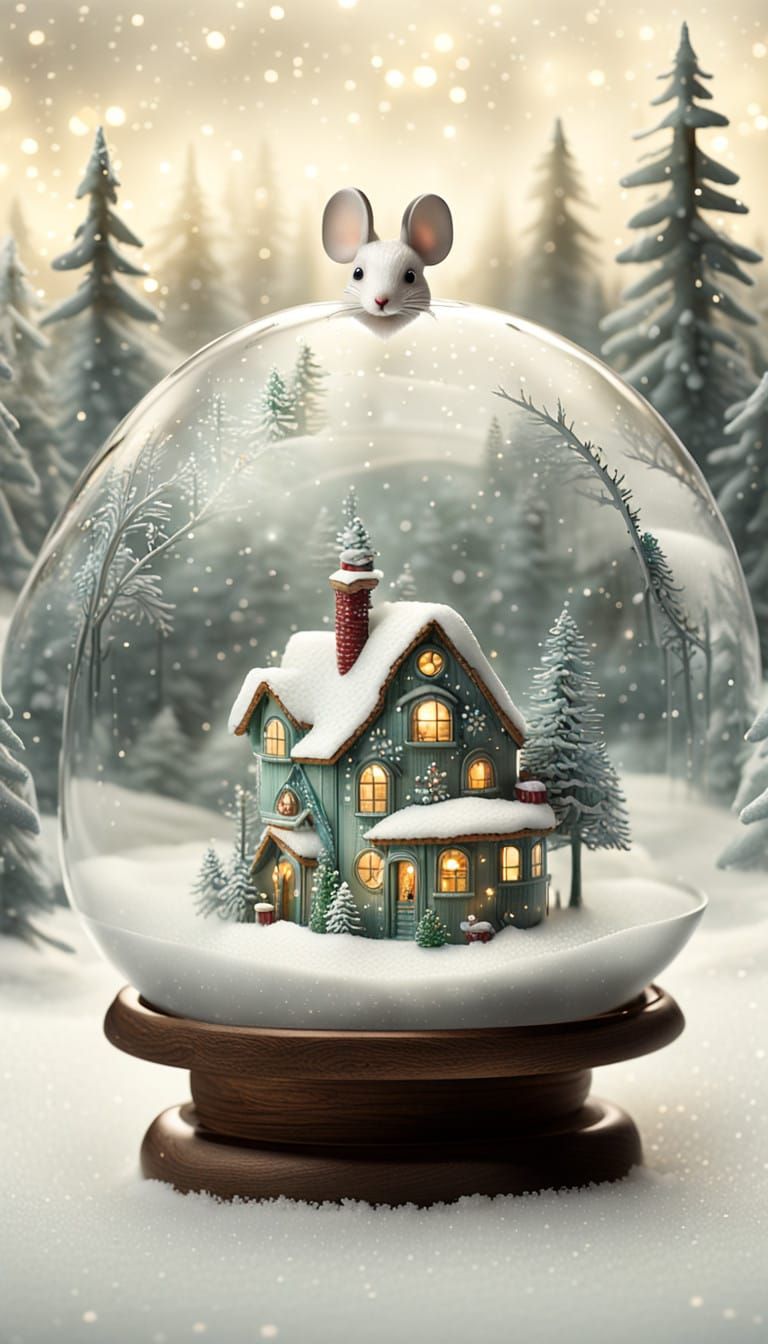 Whimsical Mouse in Glass Ball Winter Wonderland Scene