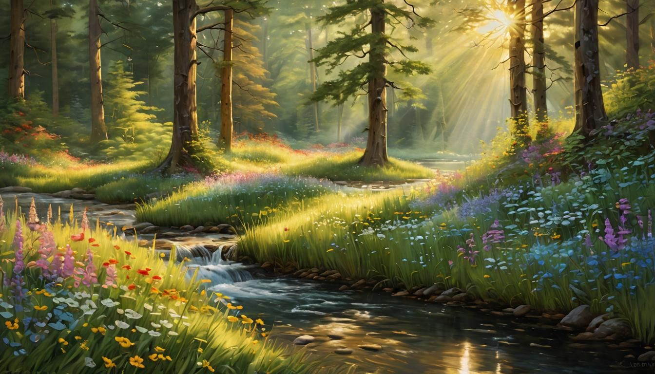Serene Forest Clearing Bathed in Golden Sunlight