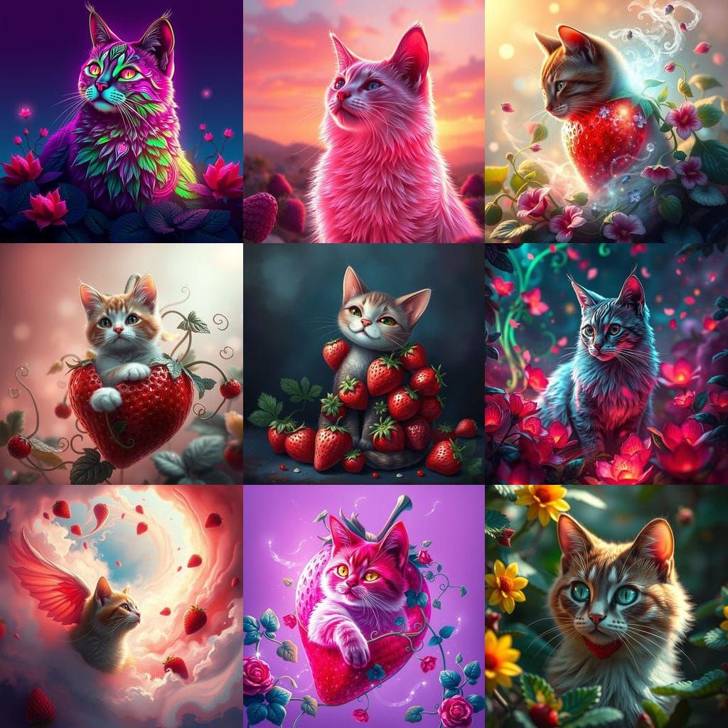Whimsical Feline Strawberry Fantasy in Vivid Colors