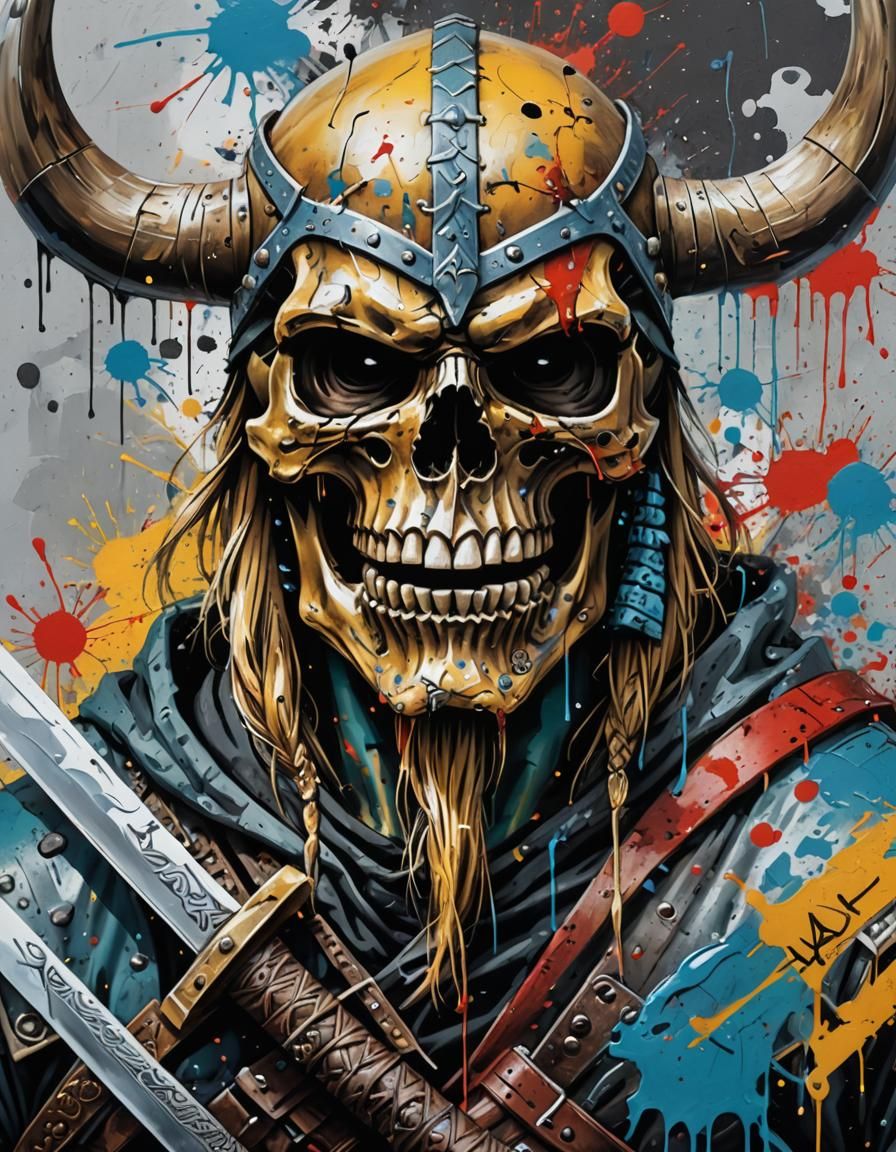 Viking Skull Samurai in Graffiti Street Art Style