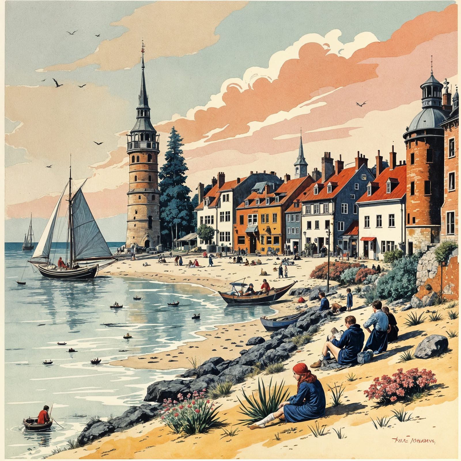 Aarhus, Denmark Vintage Postcard in Manara Style