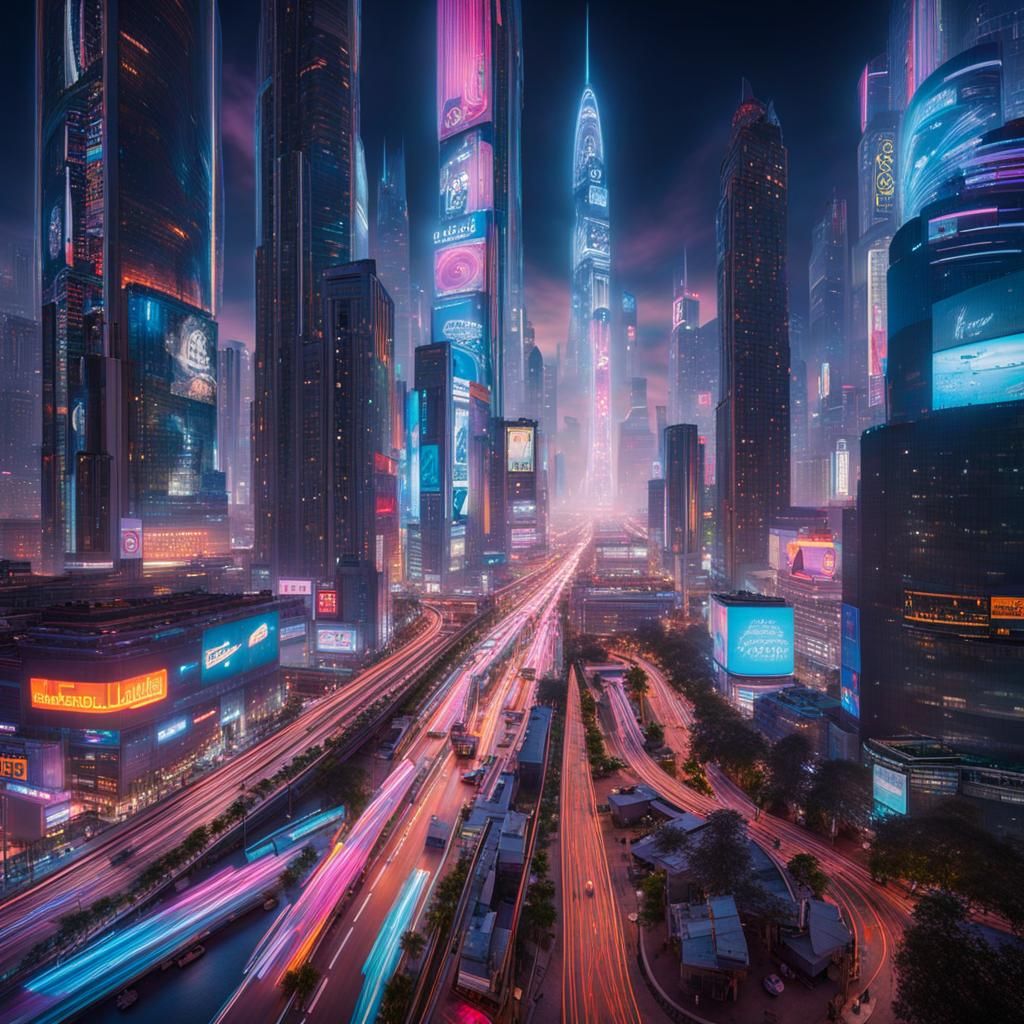 Cyberpunk Metropolis with Flying Cars and Holographic Girl
