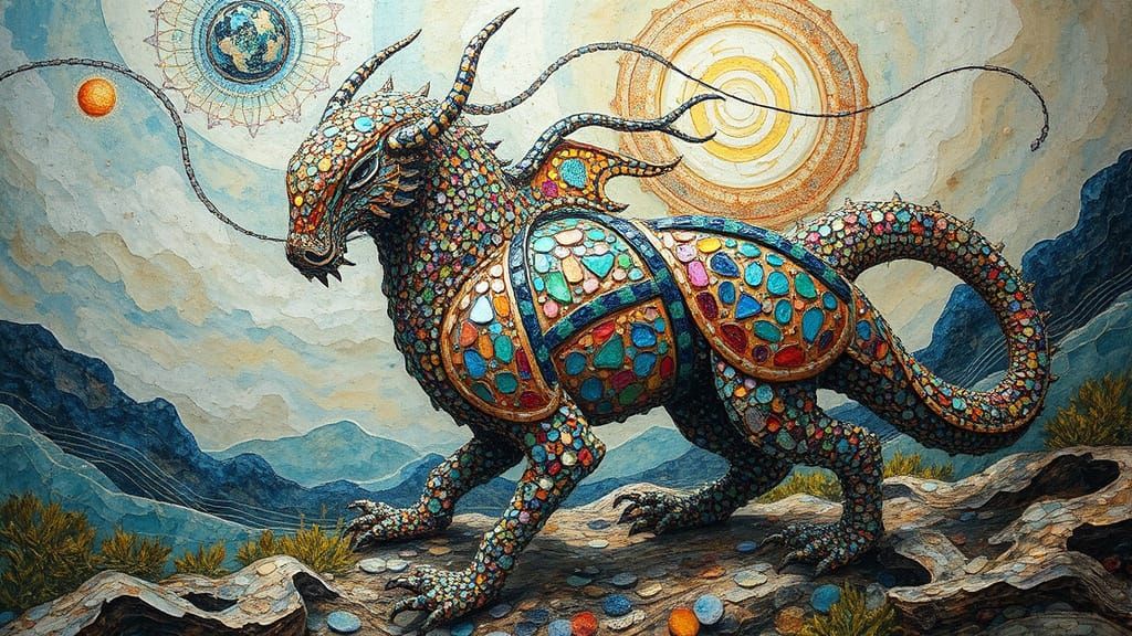 Enchanted Mosaic Creature in Cosmic Dreamscapes