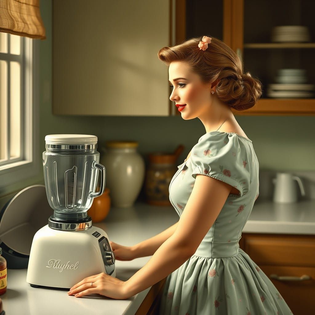 Woman in Elegant Dress Converses with a Blender in a Vintage...