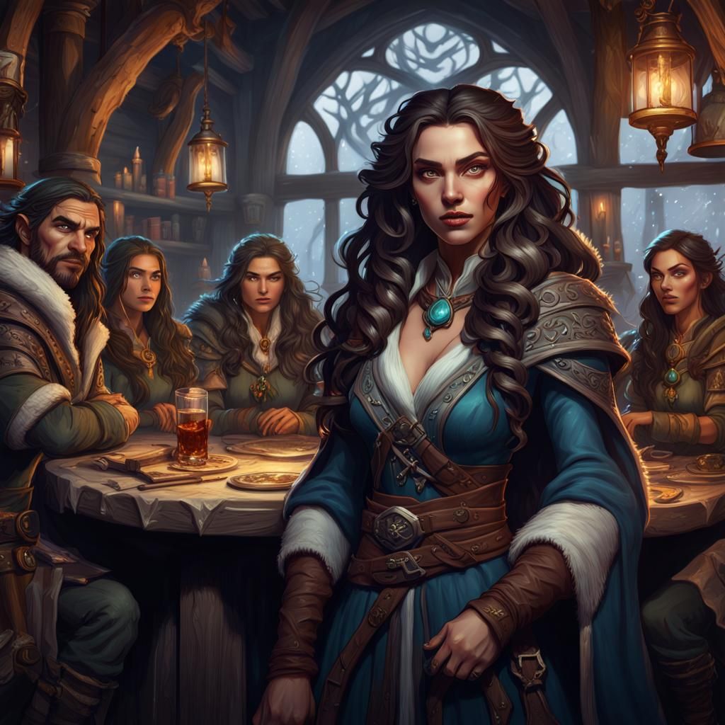 D&D Sorceress and Party in Tavern: Fantasy Concept Art