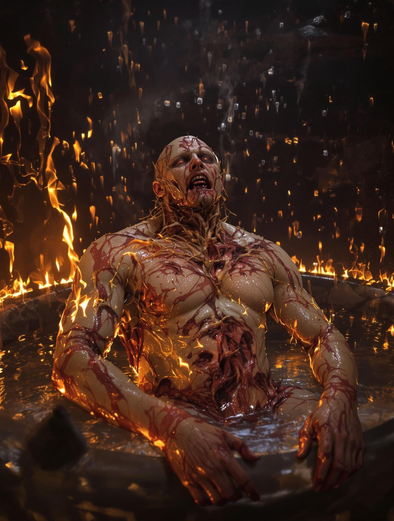 Burning Sauna Survivor in Dark Fantasy Art