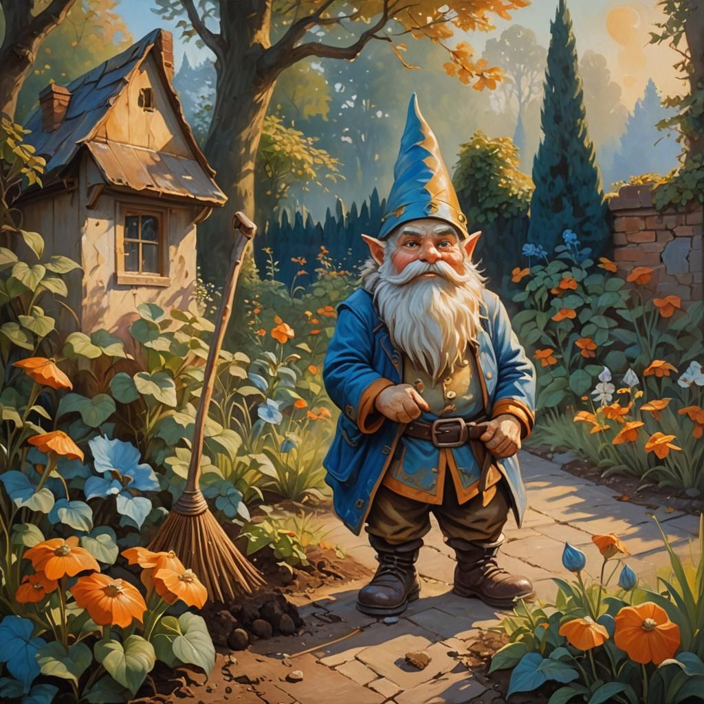 Grumpy Gnome Raking: Art Nouveau Oil Painting