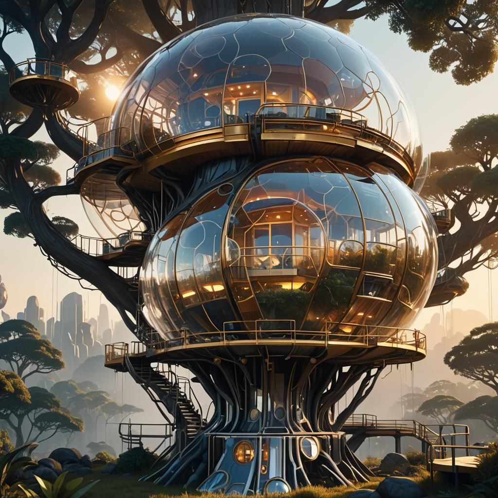 Futuristic Sci-Fi Bubble Treehouse in Cyberpunk Style