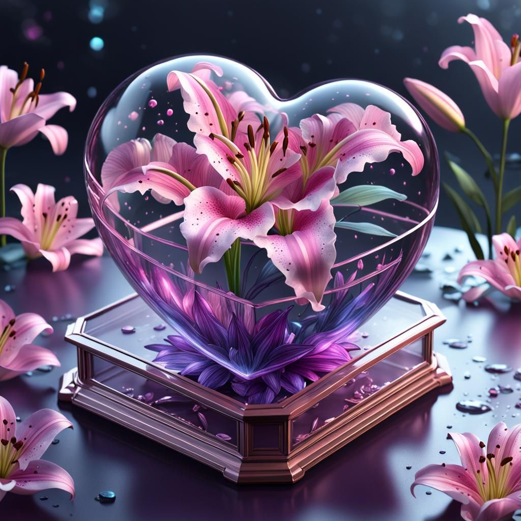 Floating Glass Heart Box with Lilies in Fantasy Art