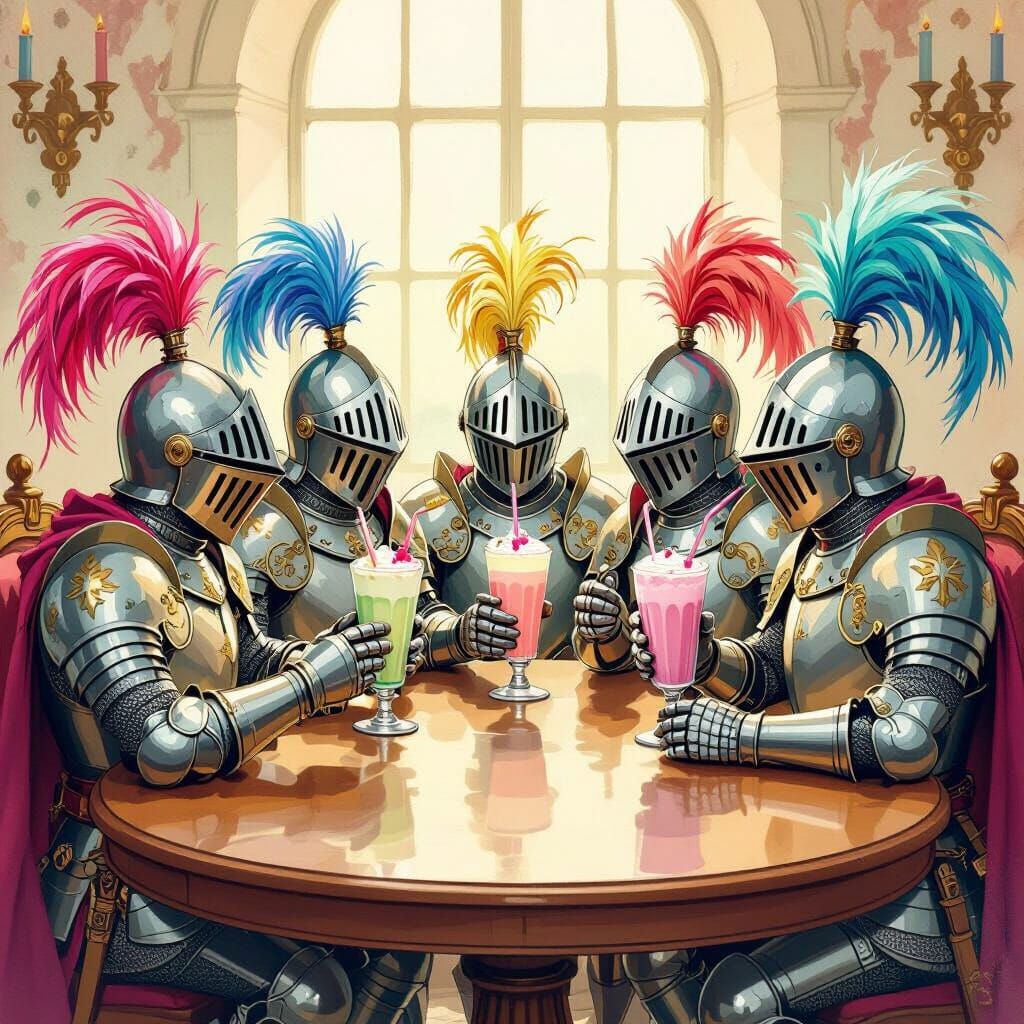 Whimsical Knights Sip Milkshakes at Round Table