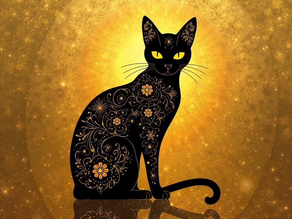 Golden Cat in Ornamental Fantasy Illustration