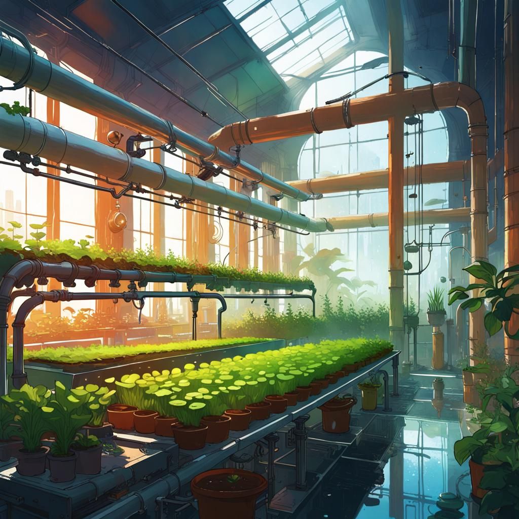 Solarpunk Hydroponics Lab in Digital Matte Painting Style