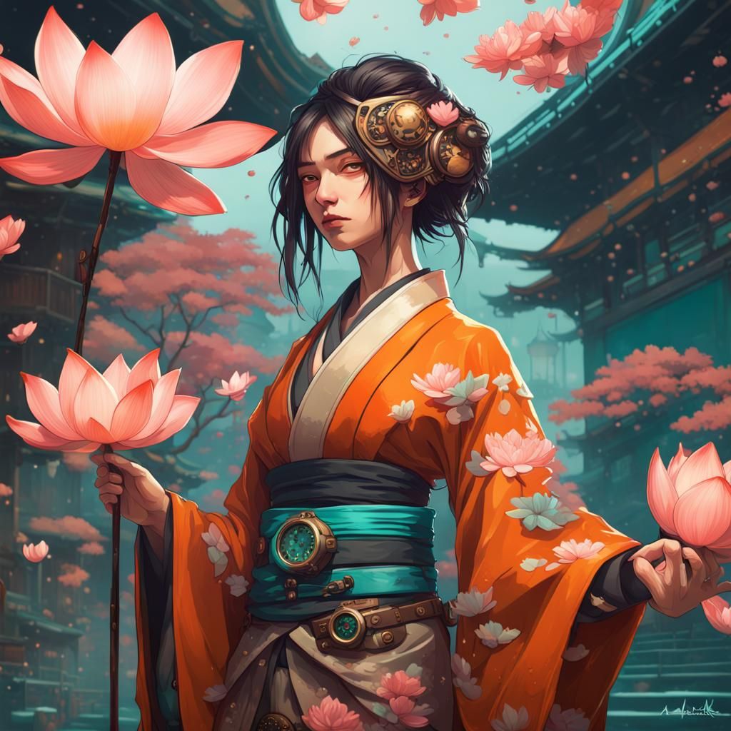 Steampunk Japan: Kimono, Lotus, Sakura in Acrylic Style