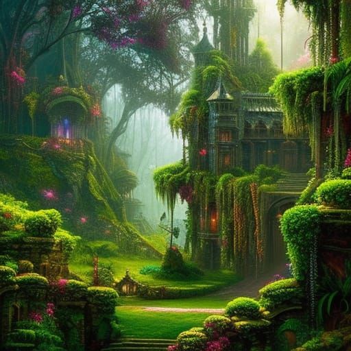 Lush Jungle Castle Ruins: Neo-Impressionism