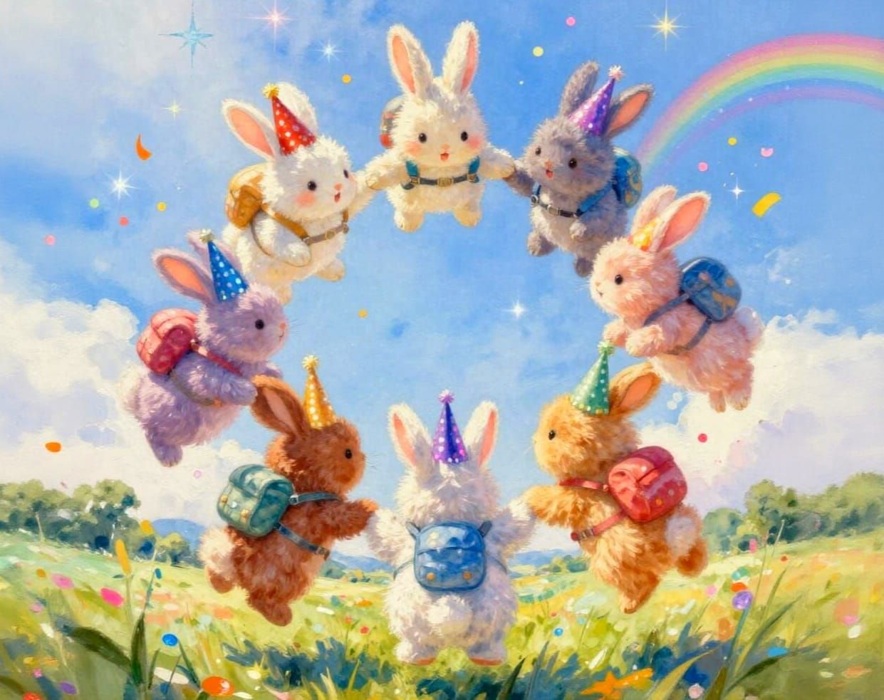 Fluffy Bunnies Skydiving in Impressionistic Watercolour Styl...