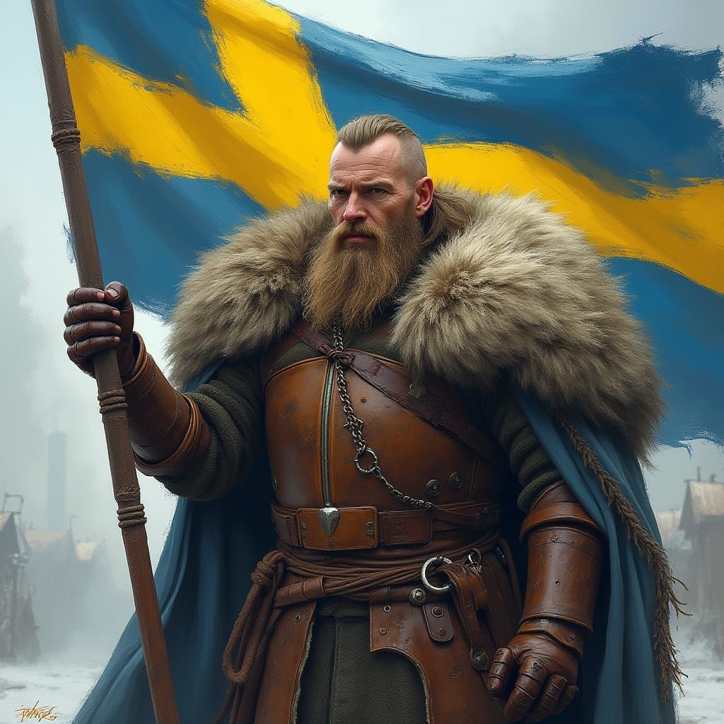 Viking Warrior Displays Swedish Flag Art
