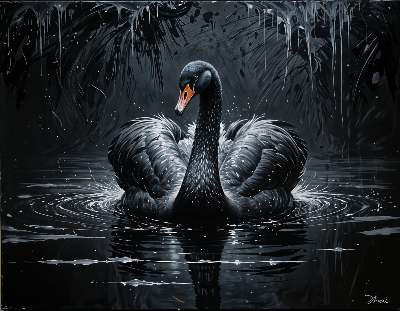 Black Swan Painting with Silver Highlights