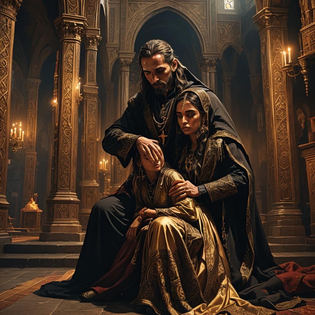 Dark Priest and Gypsy Woman: Hyperrealistic Concept Art