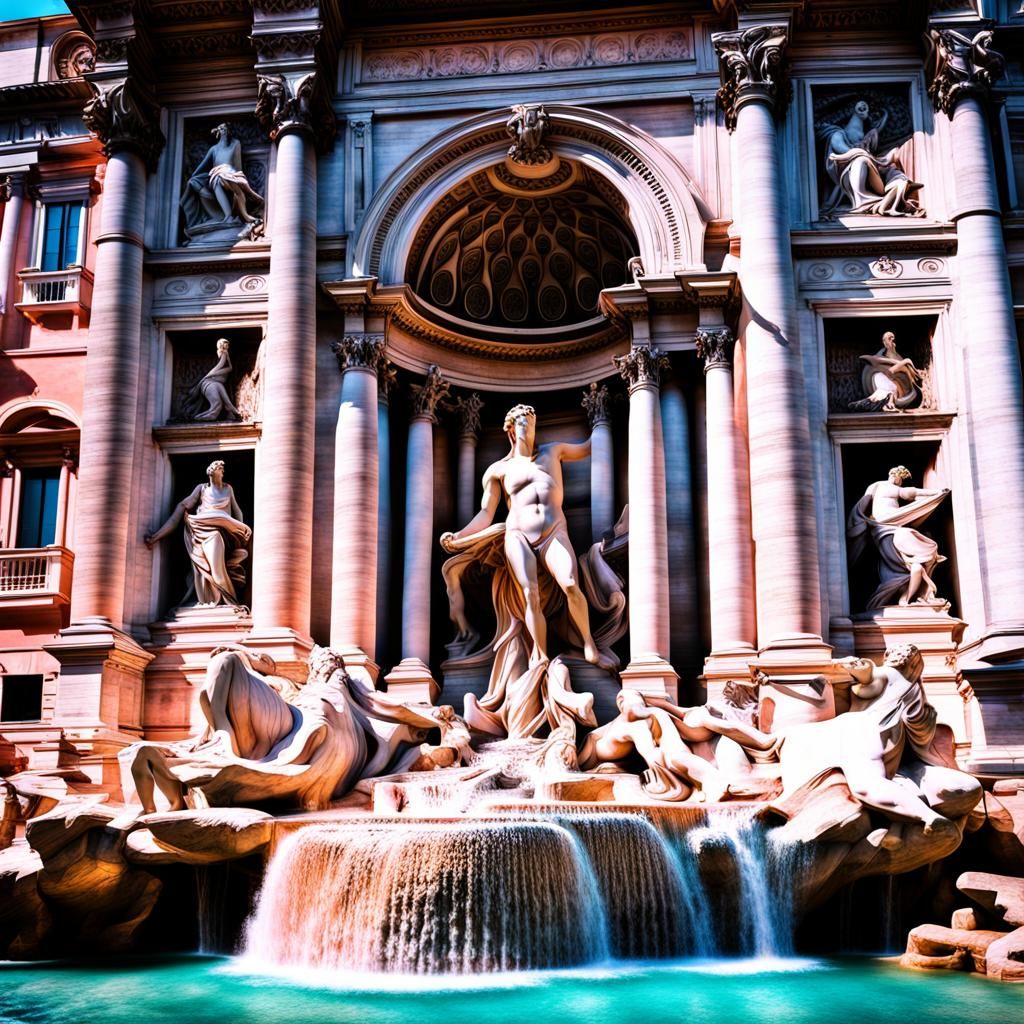 Trevi Fountain in Rome: Hyperrealistic Sky Blue Pink