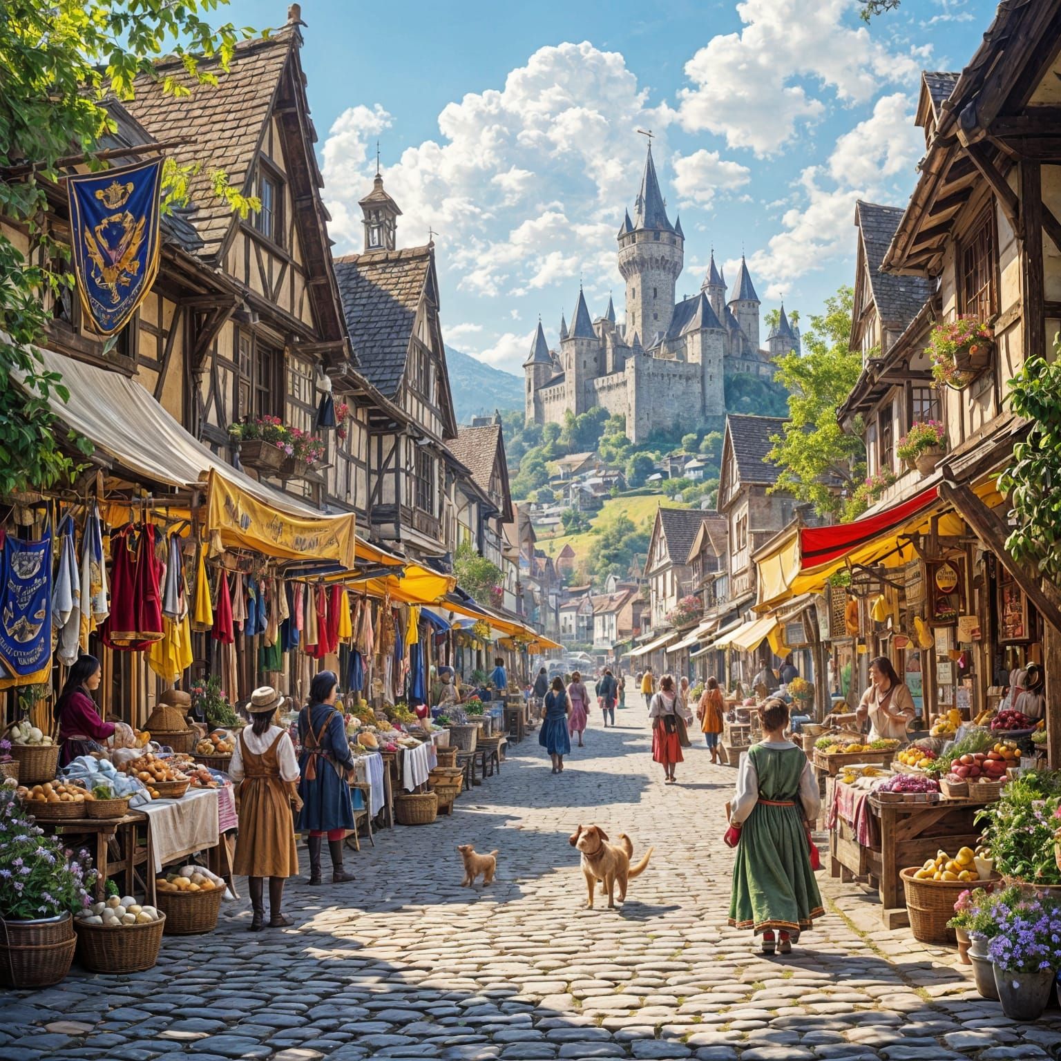 Bustling Medieval Town Square Under Sunny Skies