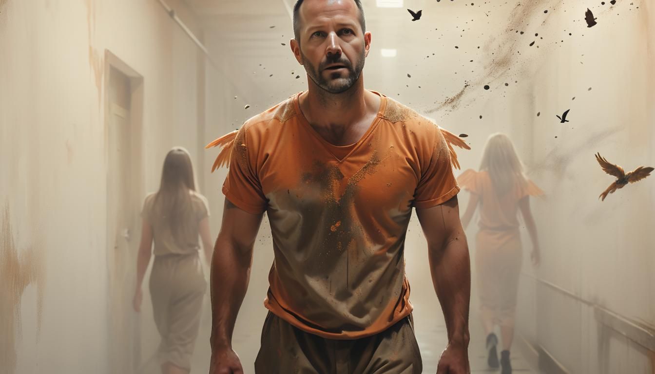 Ominous Prison Scene with Angelic Figures as Oil Painting