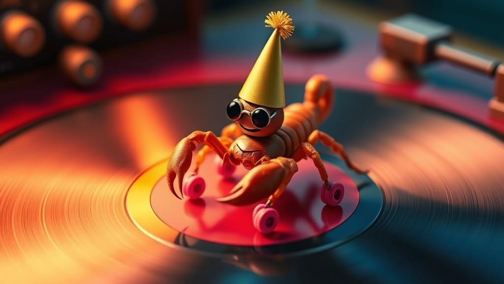 Dancing Scorpion in Party Hat on Vinyl Record