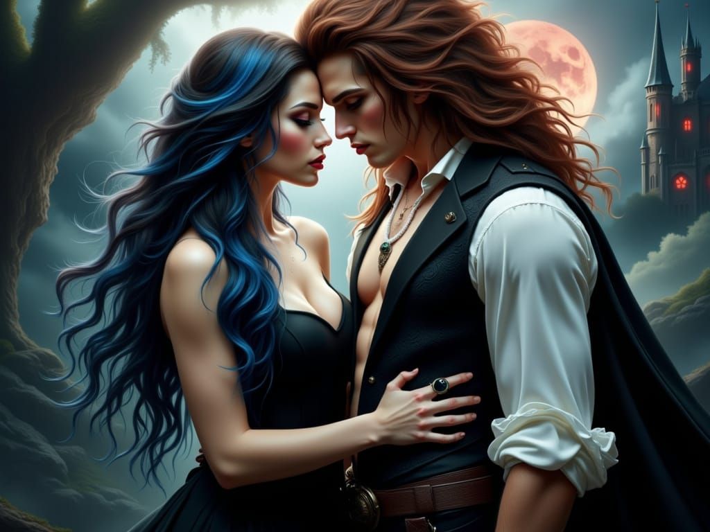 Vampire Couple Embrace Under Blood Moon
