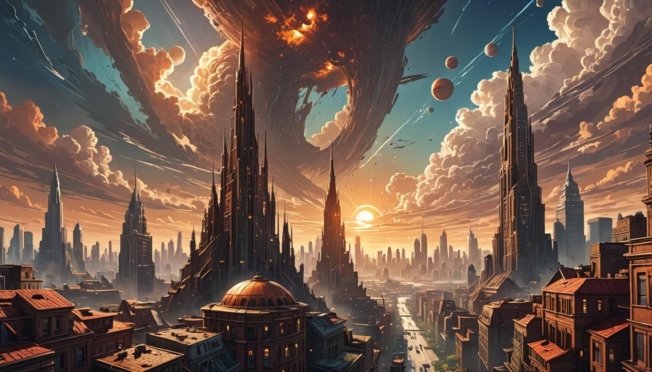 Exoplanet Cityscape: Old-World Buildings in Comic Book Style