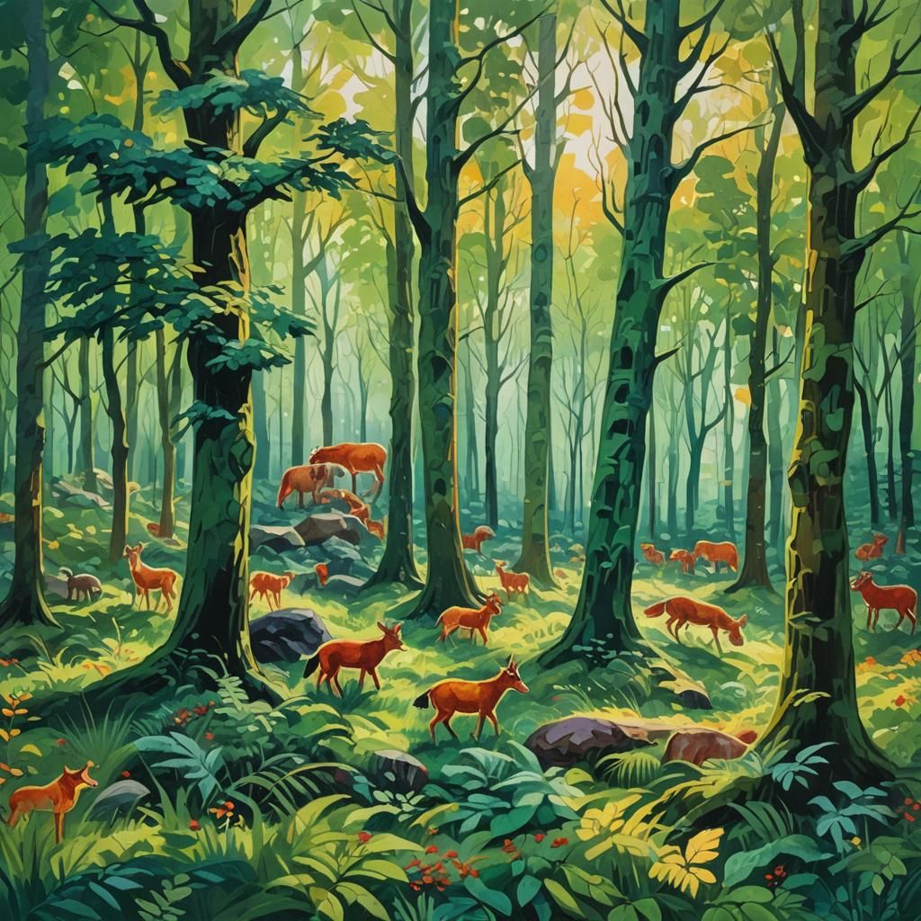 Forest Animals in Impressionist Gouache Style