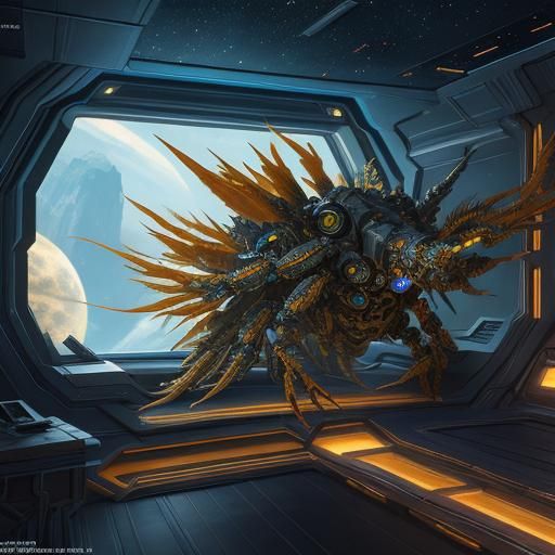 Blonde Model Battles Arachnid in Spaceship Art