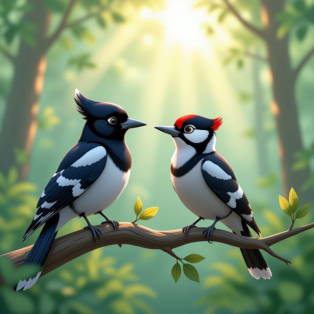 Magpie and Woodpecker Chat in Vibrant Forest: Pixar-Inspired...