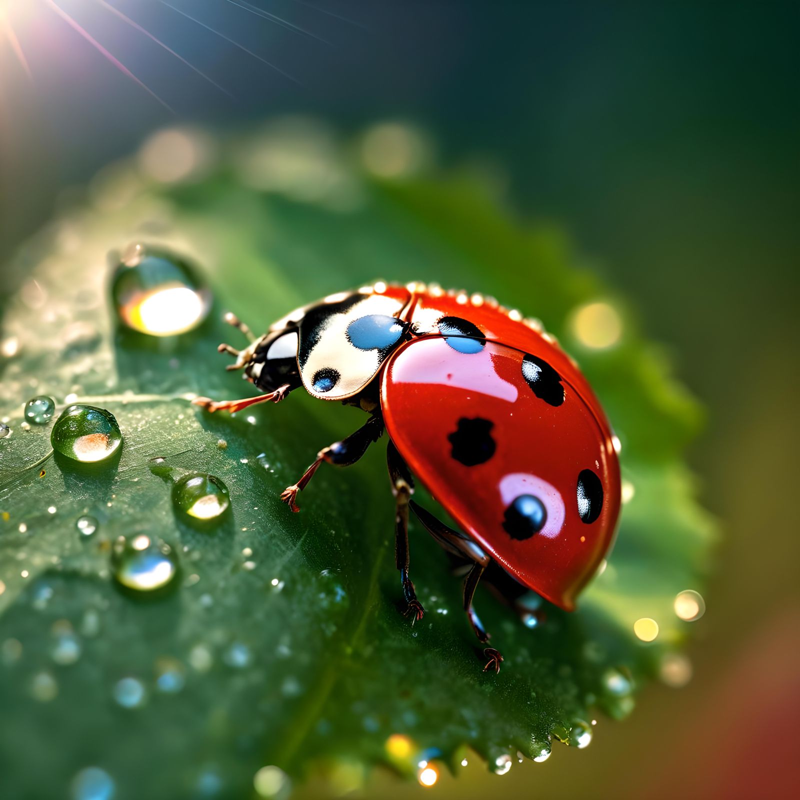 Ladybug on Dew Kissed Leaf in Hyperreal Style