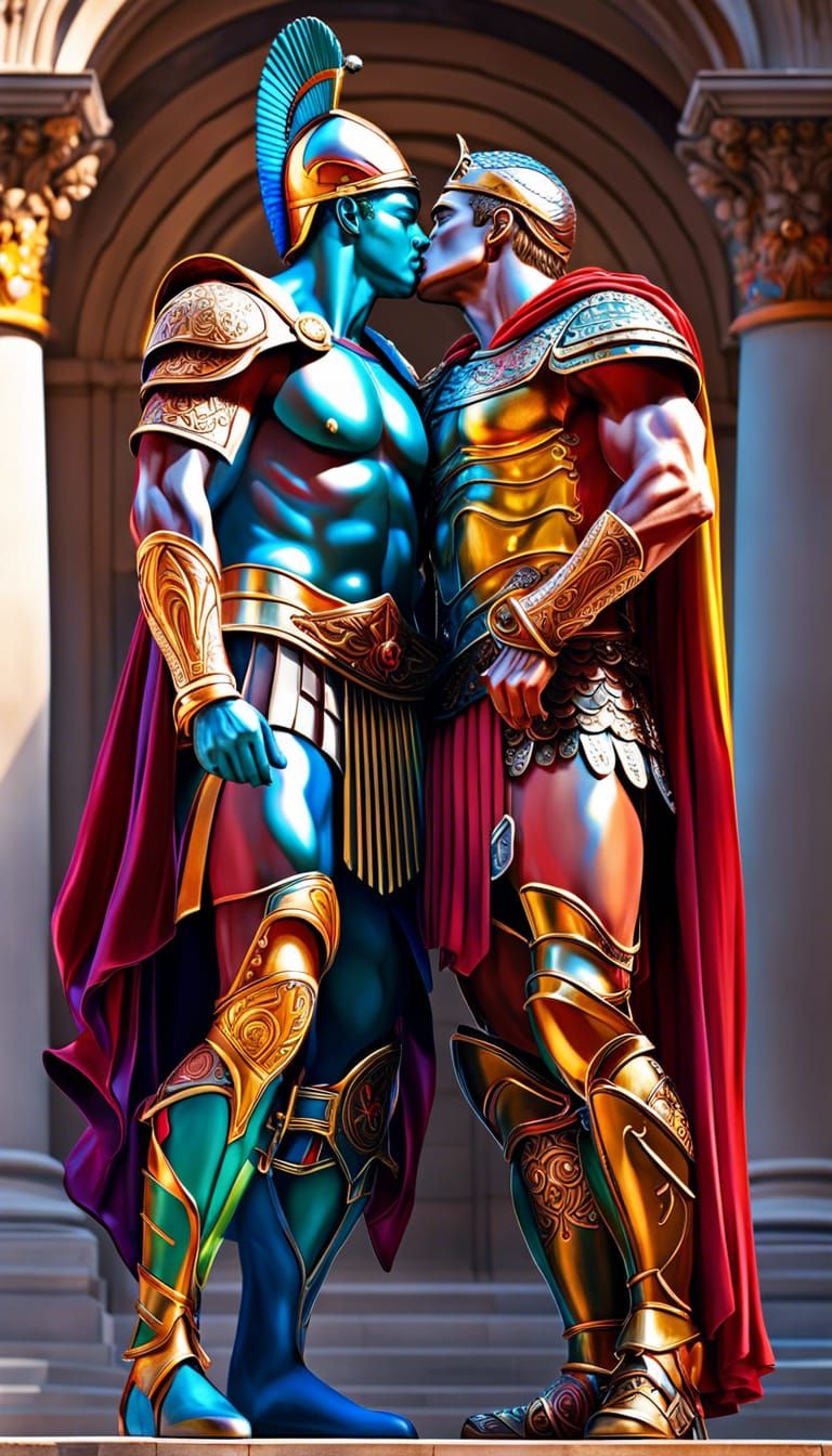 two men kissing Colorful and detailed handsome muscular greek general with male warrior with lavish armor in the style o...