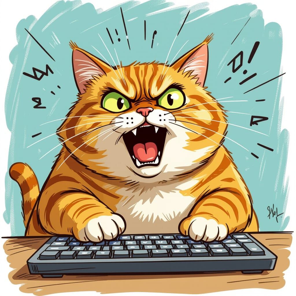 Whimsical Cartoon Cat Frenziedly Typing