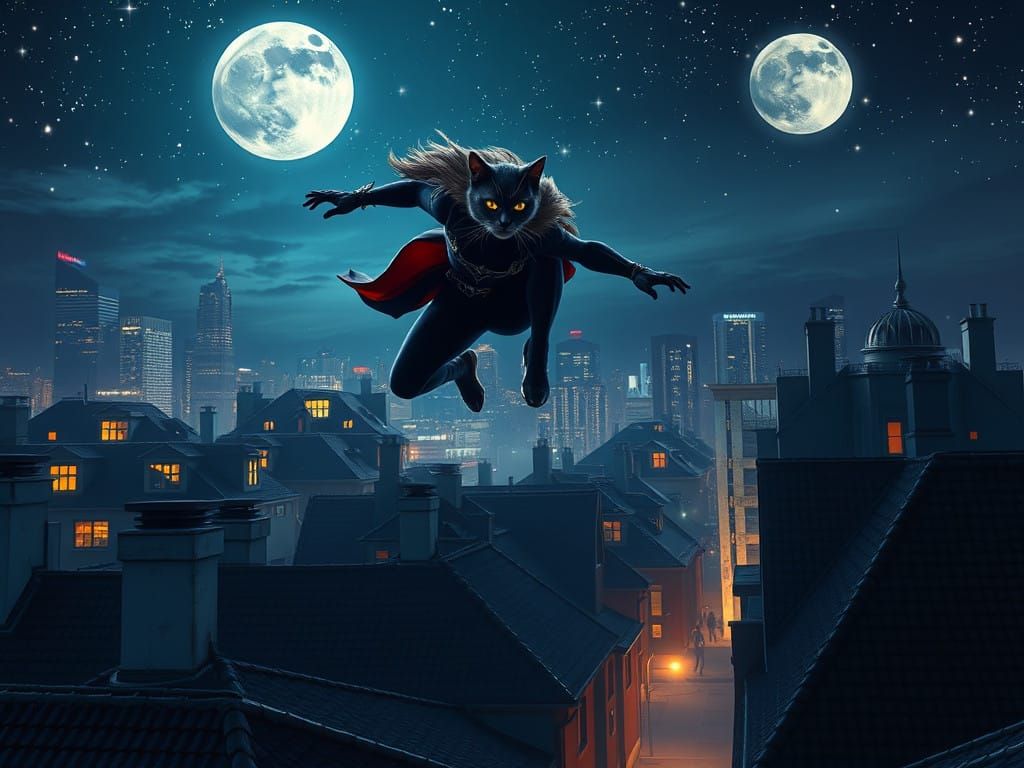 Cyberpunk Goddess Leaps Over Urban Jungle