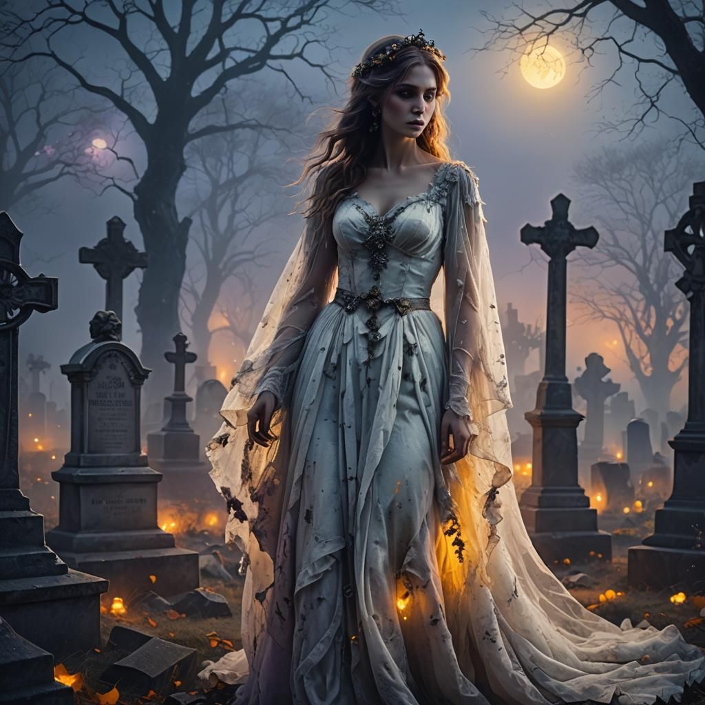 Ethereal Ghost Bride in Graveyard, Fantasy Concept Art
