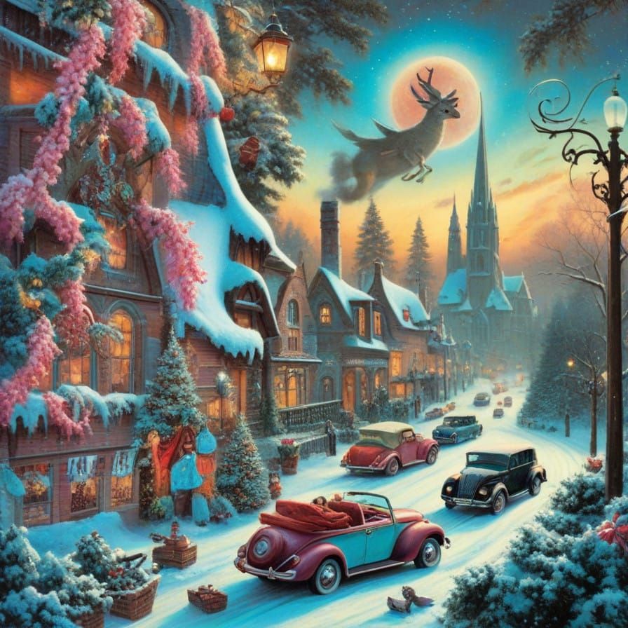Exquisite Christmas Postcard Scene in Whimsical Style