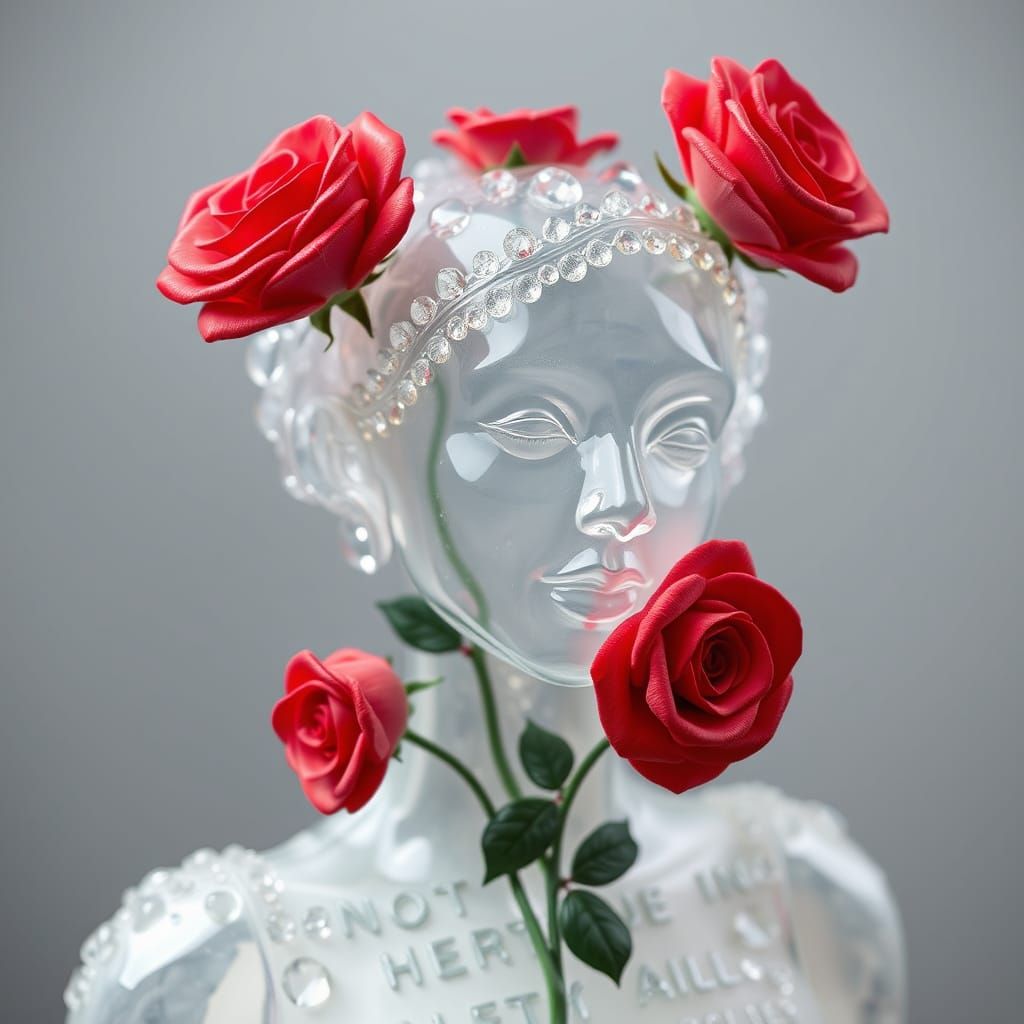 Delicate Ice Statue with Red Roses in Crystal Textures