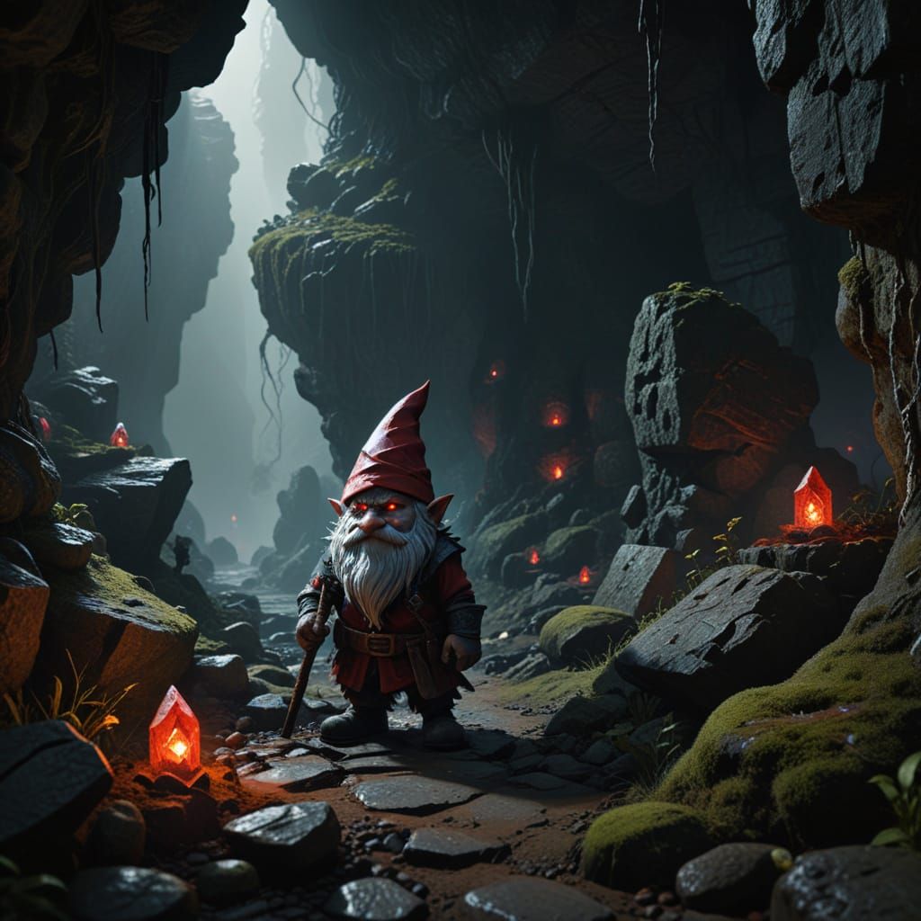 Gnome Exploring Dark Fantasy Caves with Glowing Eyes