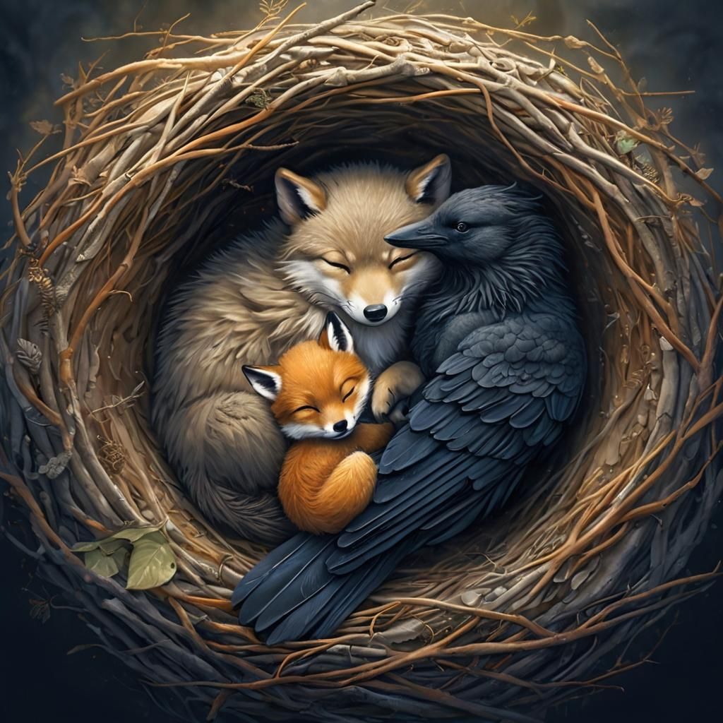 Whimsical Wildlife: Wolf, Fox, and Crow in Cozy Nest