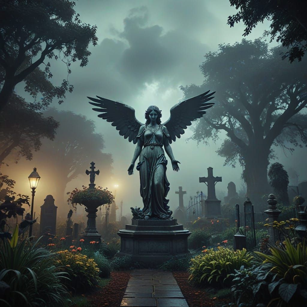 A macabre, creepy, anguished garden, with a sark sky. In the middle the strange statue of a wheeping angel standing al...
