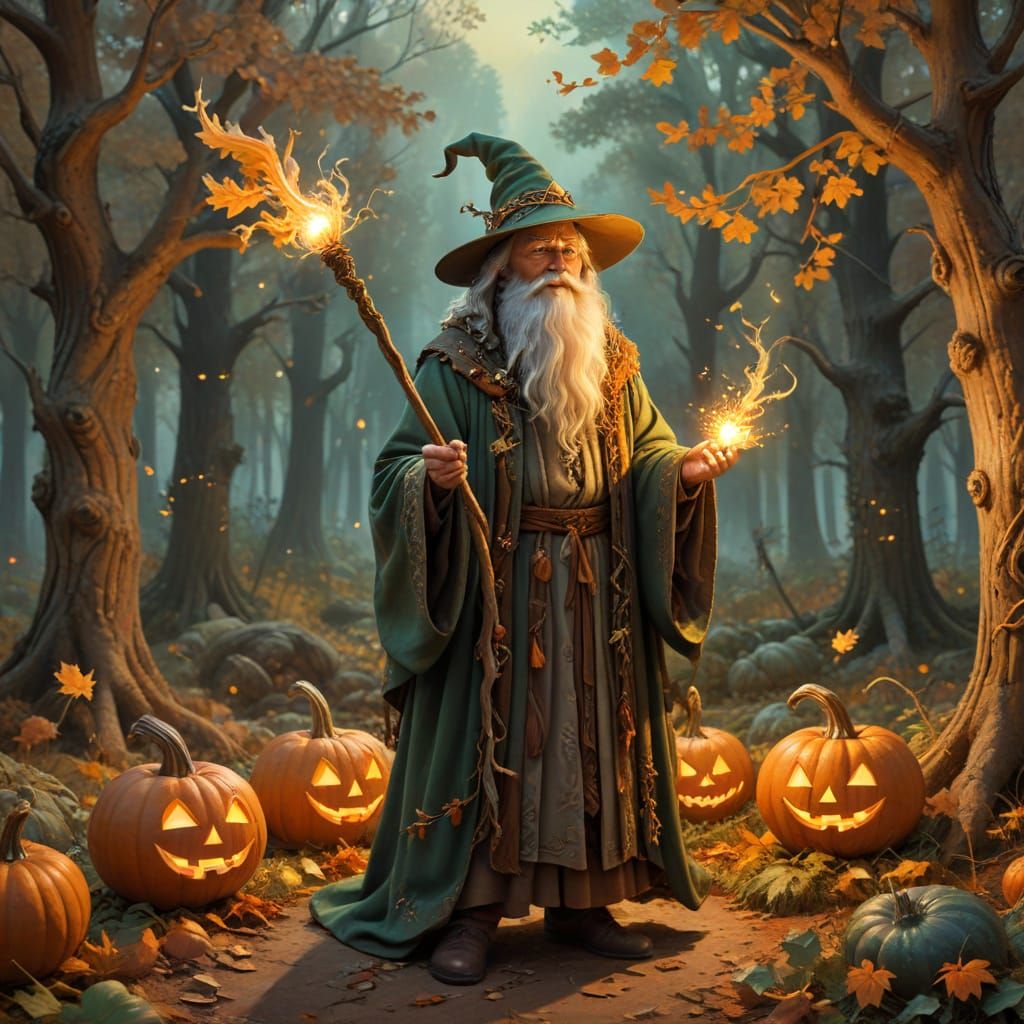Wise Wizard with Glowing Staff in Autumn Forest