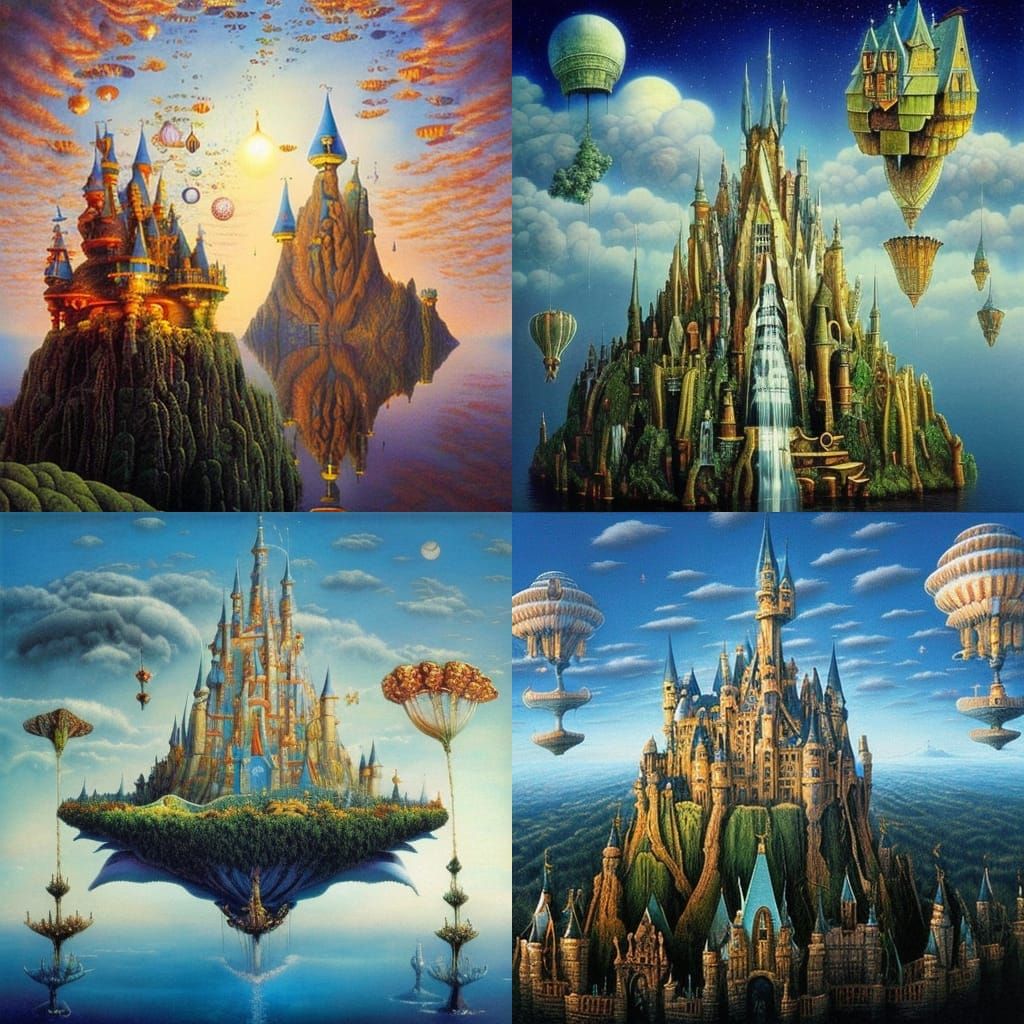 Fantasy Castle Floating in Sky, Surrealist Style