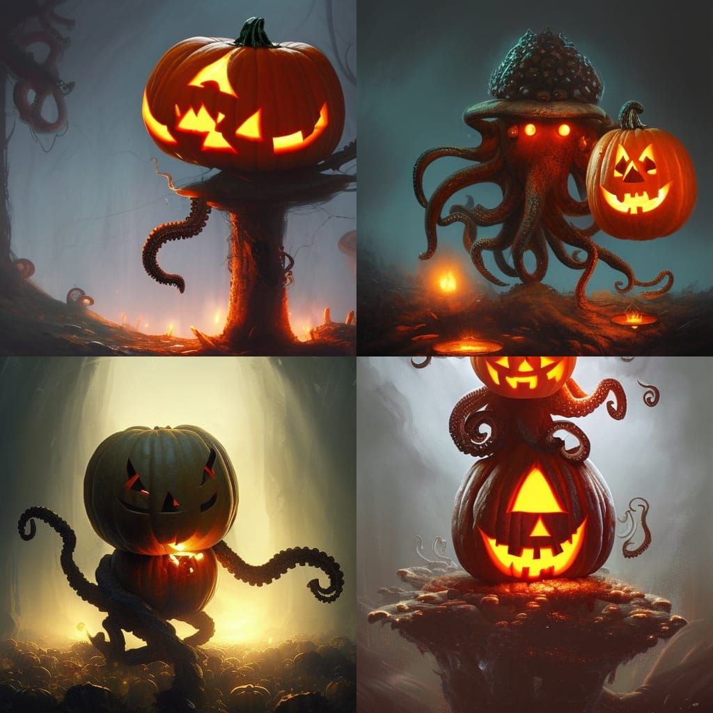 Mushroom Octopus Jack-o'-Lantern: Dark Fantasy Concept Art