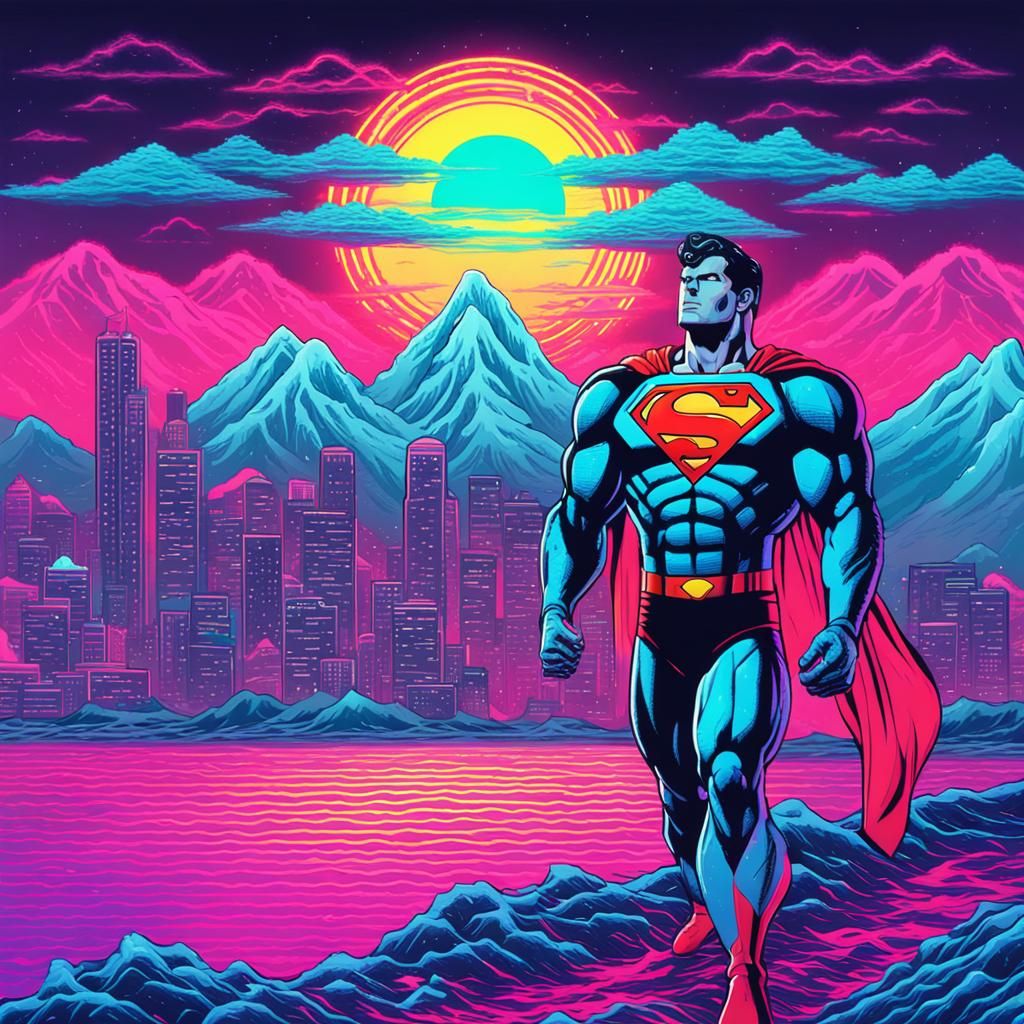 Cyborg Superman Freezes Tsunami in Synthwave Neon Style